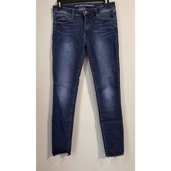Articles Of Society Skinny Leg Jeans Women's 27 Blue Raw Hem Low Rise Dark Wash - Picture 1 of 12